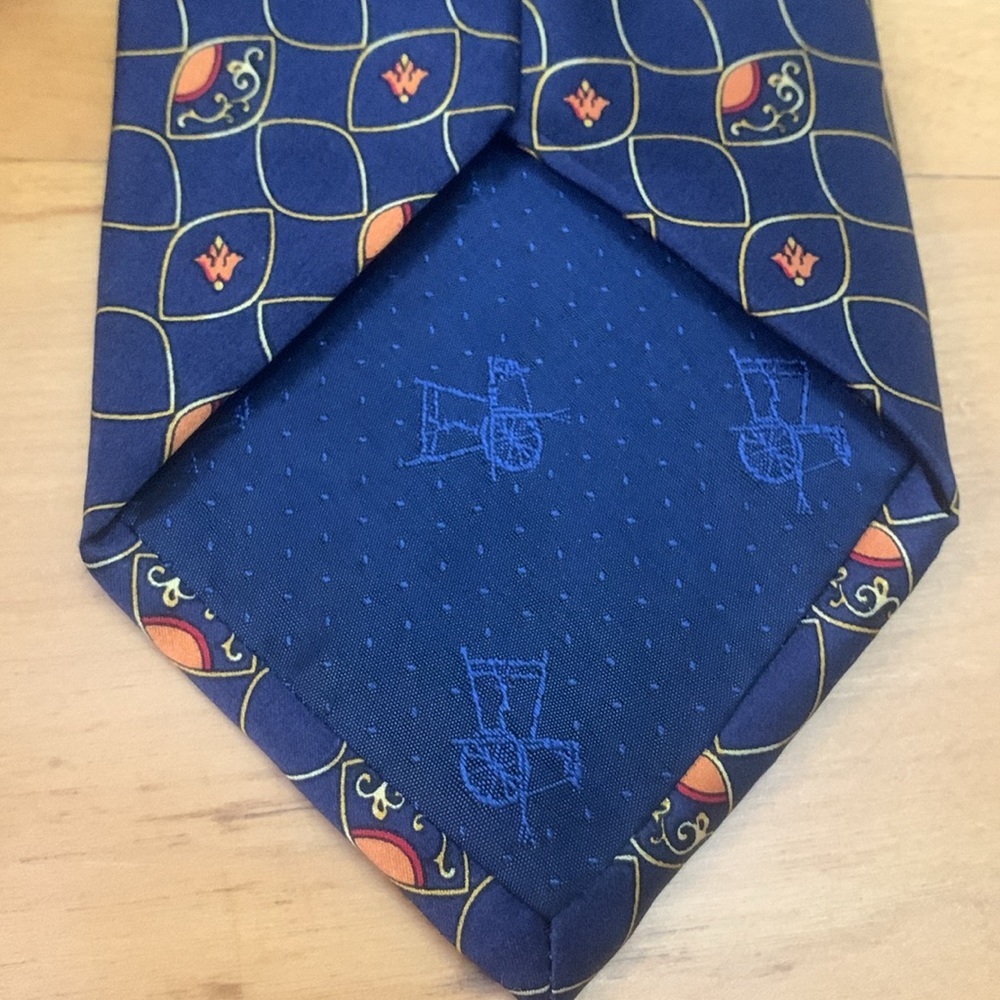 Luca D'Altieri 100% Silk Made in Italy Tie Navy Gold Orange Fleur De Lis EUC 58" - Picture 3 of 9